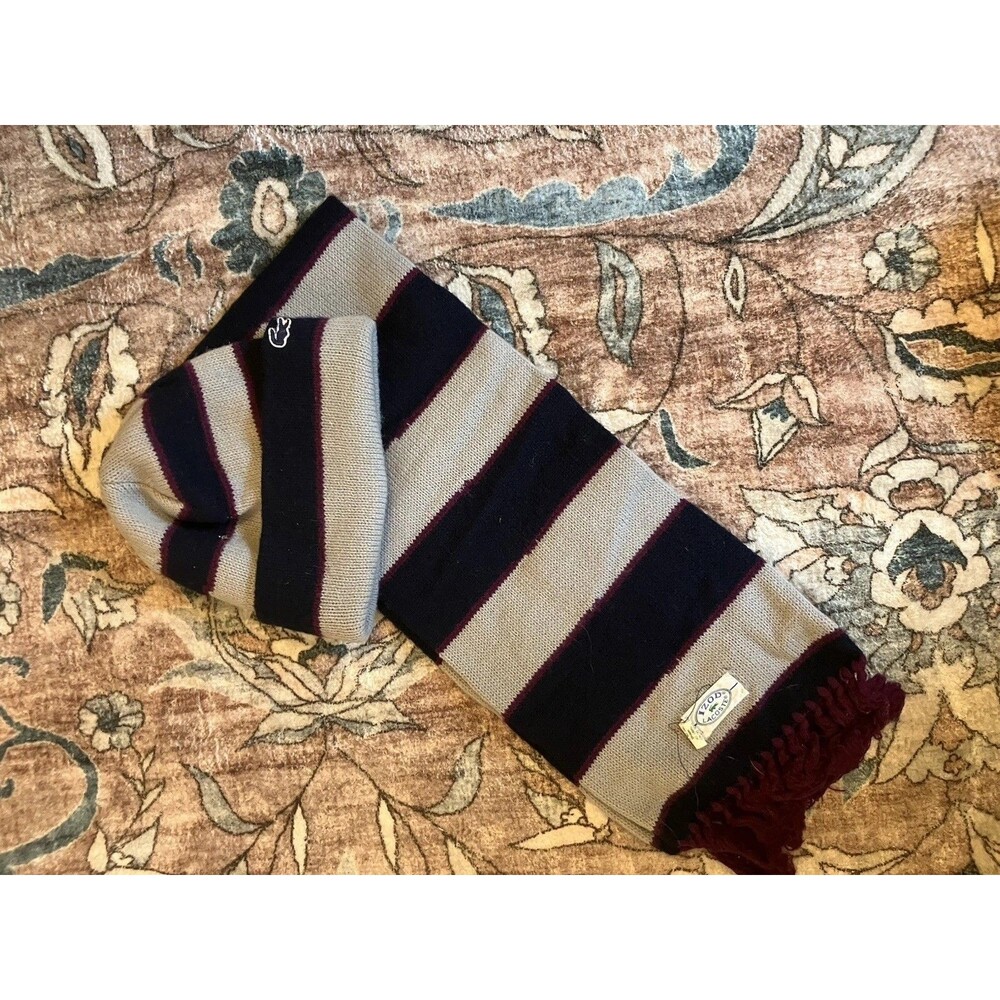 Vintage IZOD Lacoste Knit Scarf Hat Combo 100% Orlon Gray Striped 80s Made USA